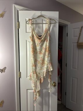 Forever 21 Cream Floral Asymmetrical Ruffle Hem Mini Dress with Cowl Neckline